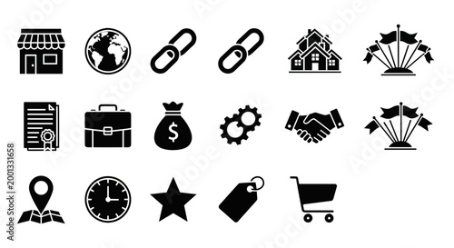 Grid of 15 black silhouette icons related to business and commerce