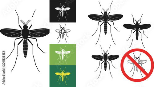 Black Silhouette and Colorful Mosquito Collection with No Sign Prohibition Symbol Vector Illustration Set for Pest Control Design