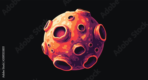 Stylized red asteroid or moon with many craters and uneven terrain floats in the vast darkness of space with a retro pixel art feel.