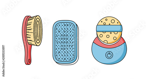Set of personal care products including a hairbrush, a pumice stone, and an electric facial cleaning device are shown on white.