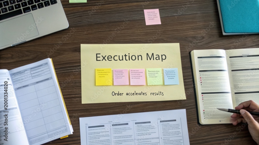 Obraz premium Detailed Execution Map with Sticky Notes, Organized Papers, and a Laptop on a Wooden Desk for Project Planning and Efficient Workflow Management