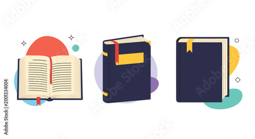 Set of three books includes an open one with text lines and two closed ones with bookmarks and decorative cover elements.