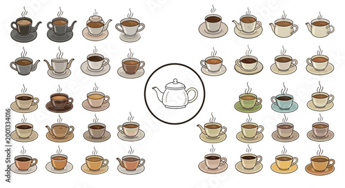 Large grid displays many different styles and colors of tea and coffee cups with a central icon of a classic white teapot.