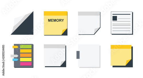 Assorted sticky notes, paper scraps, and memo pads in yellow, white, and gray are arranged on a clean white background.