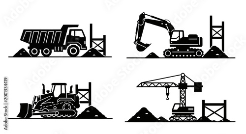 Heavy Construction Machinery Black Silhouette Vector Icon Set