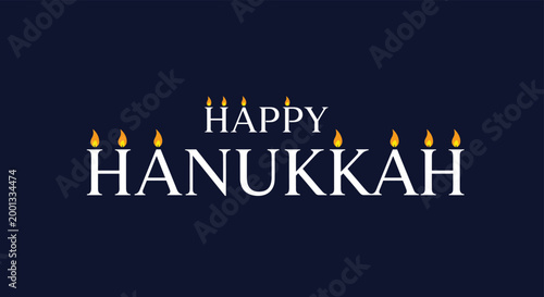 Happy Hanukkah text is displayed in white letters with golden candle flames on top against a deep blue background.