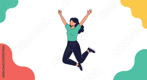Young woman jumps high with joy and excitement against a white background featuring colorful organic abstract shapes.