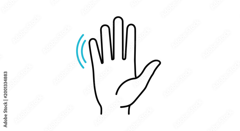 Obraz premium Simple outline icon of a hand waving side to side with motion lines indicates a friendly greeting, hello, or goodbye signal.