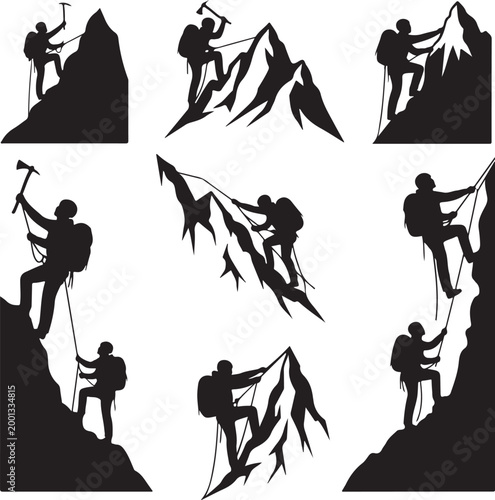 Mountain climbing, hiking silhouettes, adventure icons, black vector graphics set
