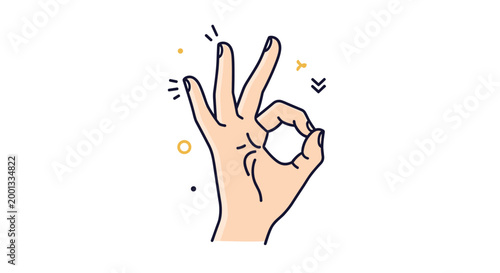 Illustration of a hand making the okay sign gesture with decorative graphic elements used to signify approval, success, or perfection.