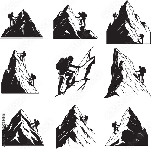 Mountain climbing, hiking icons, black silhouette set, adventure symbols, outdoor graphics