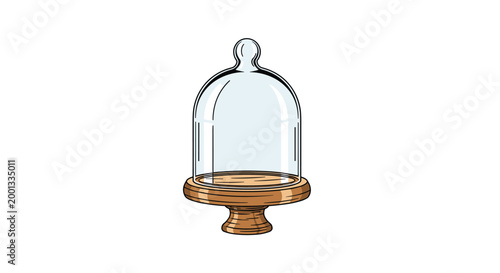 Glass bell jar cloche sits on an elegant wooden base used for displaying food items, pastries, or delicate collectibles in a shop or home.