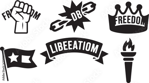 Revolution and liberation symbol set vector illustration with fist flag and broken chains. Protest Symbols Black and White Illustration