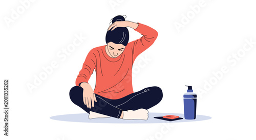 Woman sits on the floor while applying a liquid hair care product or mask from a blue bottle as part of her beauty and hygiene routine.