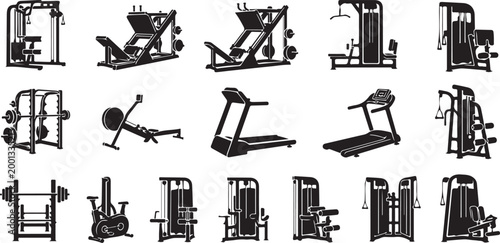 Gym equipment icons, fitness machines, workout gear, exercise devices, 20 black silhouette graphics