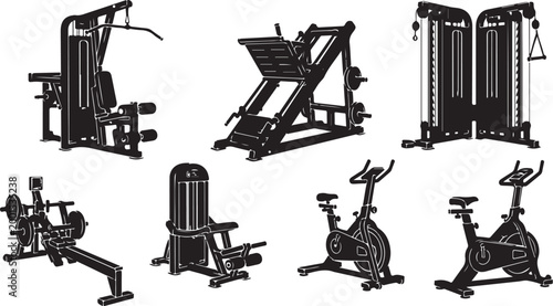 Gym equipment icons, fitness machines, workout gear, exercise devices, black and white vector set