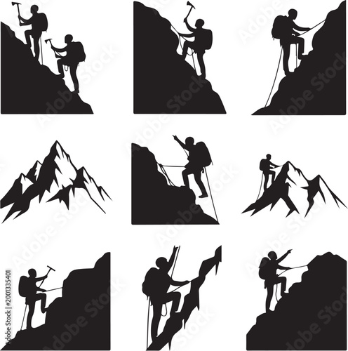 Mountain Climbing, Rock Climbing Icons, Silhouette Set, Adventure Symbols