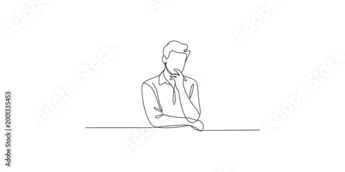 Continuous line drawing of a man sitting with his hand on chin in a thoughtful pose isolated on white background