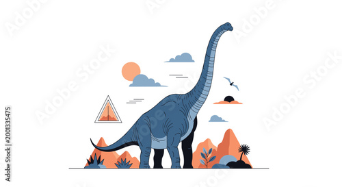 Large blue brachiosaurus dinosaur walks through a prehistoric landscape with mountains and a sunset in a flat vector art style.