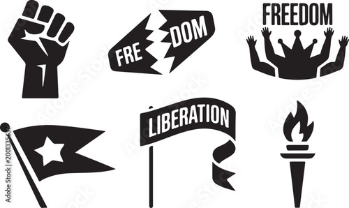 Revolution and liberation symbol set vector illustration with fist flag and broken chains. Protest Symbols Black and White Illustration