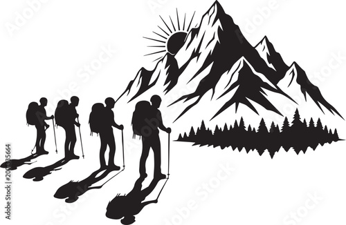 Black silhouettes of skiers, mountain landscape, sunburst, winter sports vector illustration