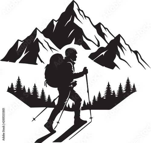 Black silhouette skier, mountain landscape, winter sports icon, adventure travel symbol