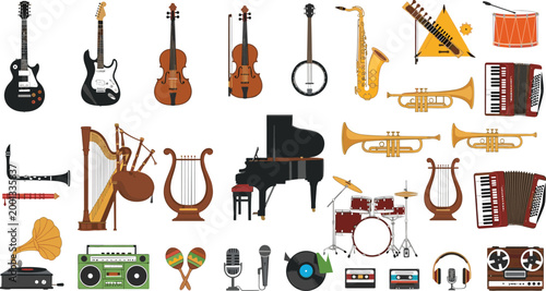 Detailed Musical Instruments Collection Featuring Piano, Guitar, Violin, Drum, Trumpet, Saxophone, Accordion, and Audio Equipment in Flat Design Style for Music Projects.
