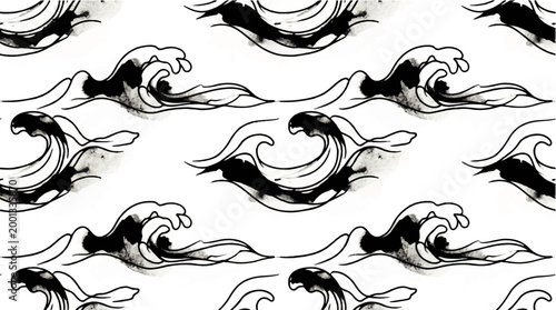 Seamless pattern of stylized ink drawings of crashing waves with detailed water splashes and foam, on a white background