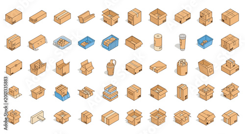Detailed grid showing many different types of cardboard shipping boxes, crates, and storage containers for logistics and moving.