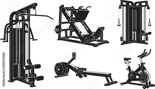 Gym equipment, fitness machines, workout gear, exercise devices, black icons