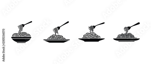 Black and white vector icons of pasta with fork on plate isolated on white background