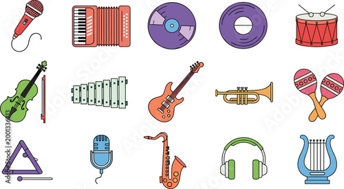 Colorful Musical Instruments Icon Set Featuring Guitar, Drum, Microphone, Saxophone, and More in Flat Design Style for Music, Audio, and Entertainment Projects.