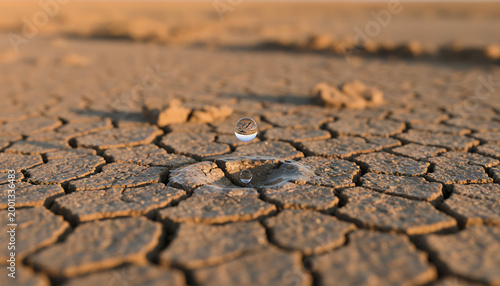 Single crystal clear water drop falls on arid deeply cracked dry earth with brown terrain