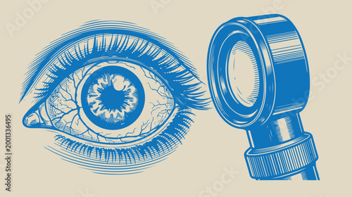 Blue monochrome eye illustration with prominent blood vessels and ophthalmic research tool.