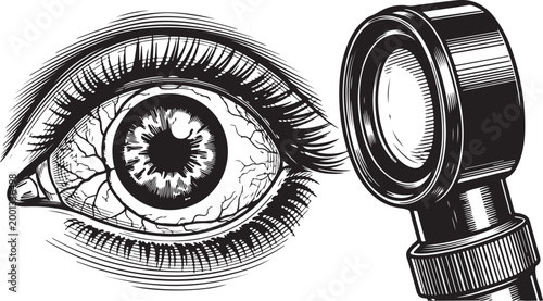 Detailed human eye engraving with red blood vessels and medical examination tool graphics.