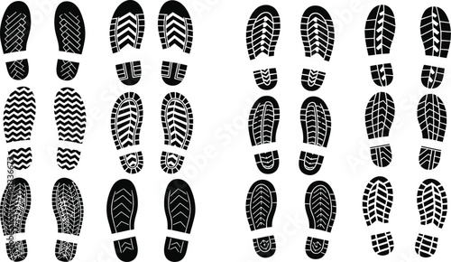 Collection of Black and White Footprint Illustrations with Various Sole Patterns and Details