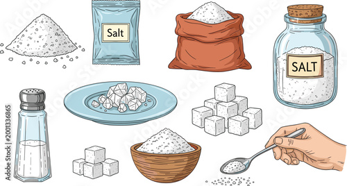 Salt and Sugar in Various Forms: Packets, Bowls, Jars, and Cubes with a Spoon