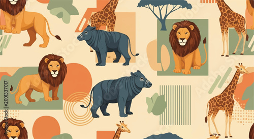 Canvas Print Safari animal pattern lions giraffes and rhinos in artistic design