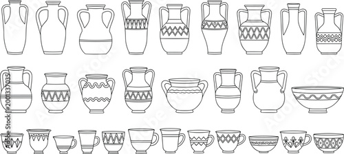 Illustration of Geometric Patterned Vases, Cups, and Bowls in Black and White Style