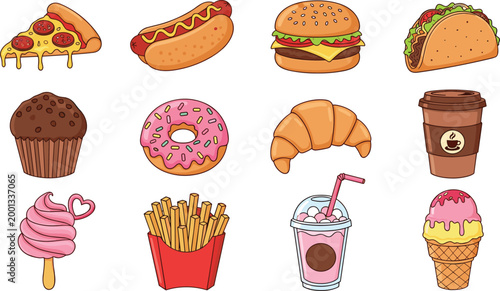 Fast Food and Dessert Icons Set with Pizza Hotdog Burger Taco Donut Croissant Coffee Fries Milkshake Ice Cream and Sweet Snacks Illustration.