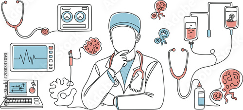 Medical Doctor Line Art Illustration with Healthcare Equipment Virus Elements and Diagnostic Tools for Clinical Research, Hospital Care, and Modern Medicine Concepts