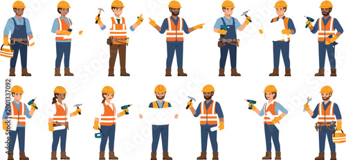 Construction Worker Character Set with Helmet Tools Blueprint and Builder Poses Cartoon Collection Illustration Design