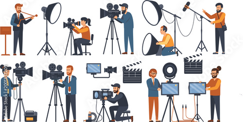 Film Production Crew Set with Cameramen Lighting Technicians Sound Operators and Video Equipment for Cinematography, Media Production, and Studio Shooting Projects