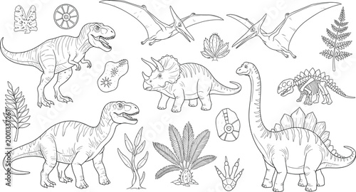 Hand-Drawn Dinosaur Collection Featuring Tyrannosaurus, Triceratops, Brachiosaurus, Pterodactyl, Stegosaurus, and Prehistoric Plants for Jurassic and Fossil Designs
