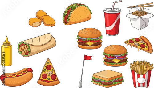 Fast Food Collection with Burger Pizza Hotdog Fries Taco Wrap Nuggets Soda Noodles Sandwich and Street Snacks Vector Illustration for Menu Design.