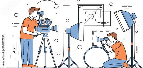 Film Production Studio Scene with Cameramen Shooting Video Using Professional Equipment Lighting Setup and Tripods for Filmmaking, Media Content Creation, and Cinematography Projects
