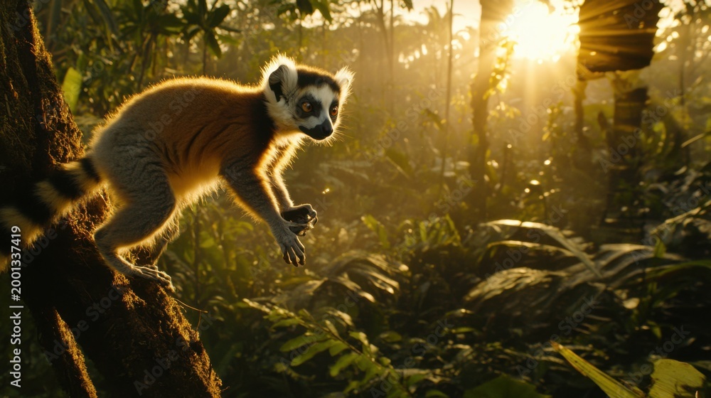 Fototapeta premium Curious Lemur Exploring a Lush Forest at Sunrise in Nature