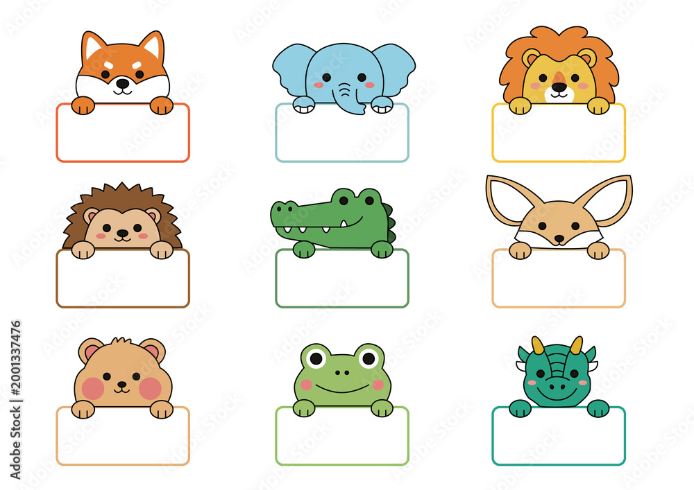 Obraz premium Cute animal name tag template for kindergarten, vector illustration set (幼稚園の可愛い動物ネームタグテンプレート、名前ラベルイラストセット)