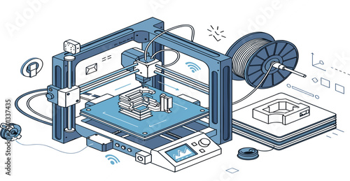 Isometric 3D Printer Machine Illustration with Filament Spool and Printed Object Layers for Additive Manufacturing, Prototyping Technology, and Engineering Design Concepts