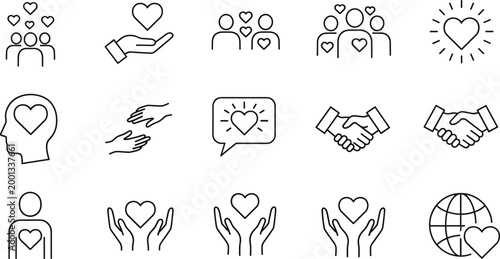 Charity and Community Line Icon Set with Helping Hands, Love, Support, Donation and Volunteer Symbols for Social Care Design and Minimal Vector Collection